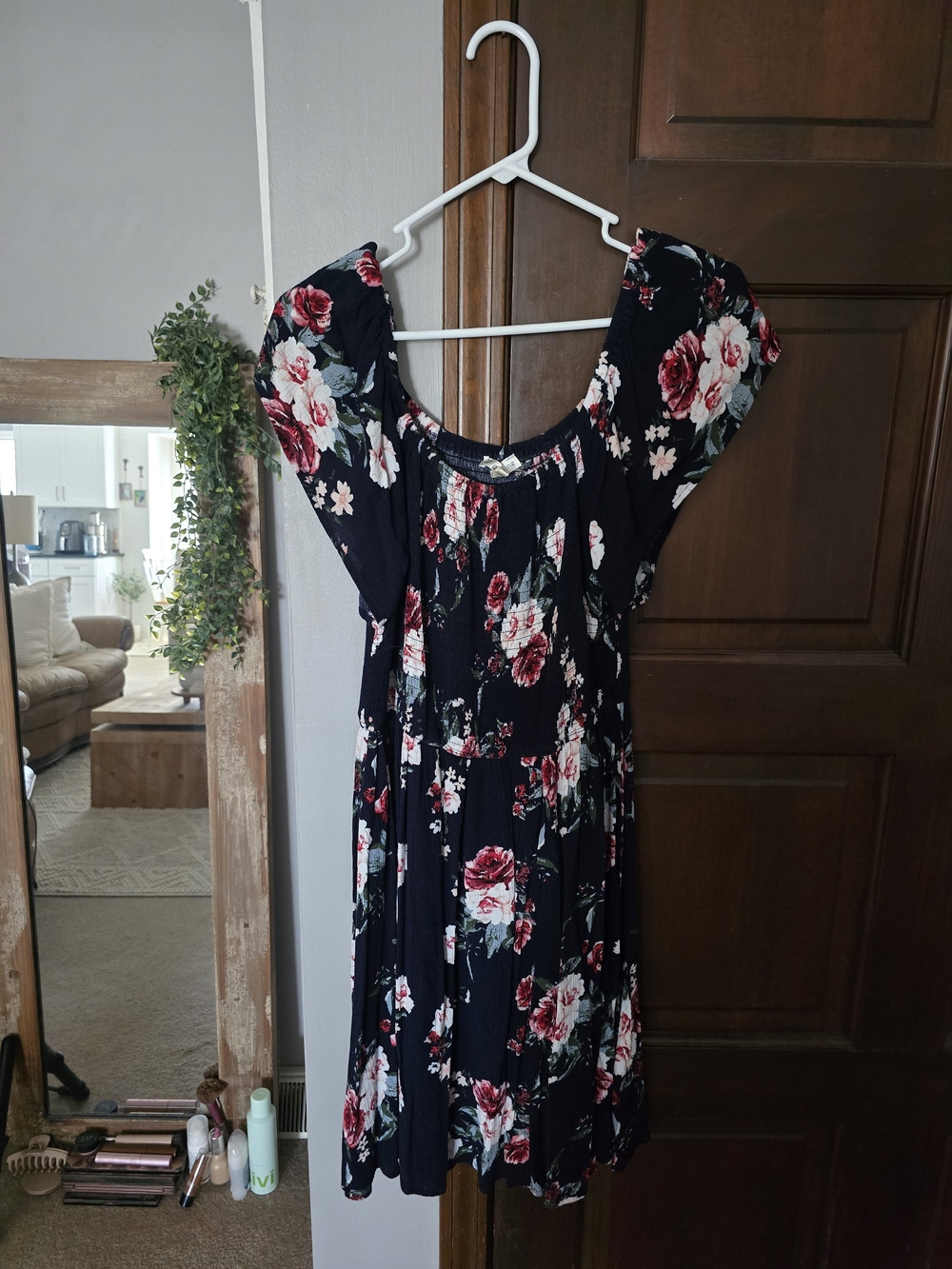 Jasmine Navy Midi Dress with Red and Cream Floral Print